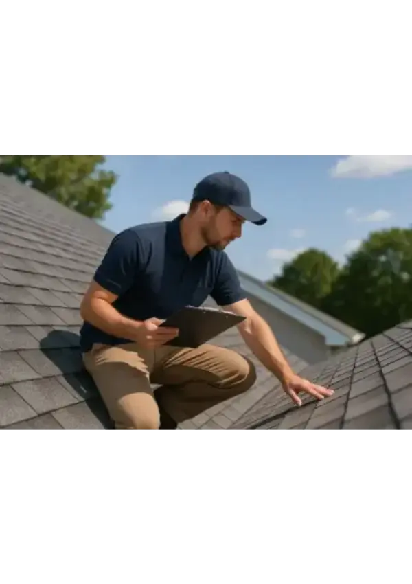 Licensed roofer with safety harness inspecting roof in Vista, CA